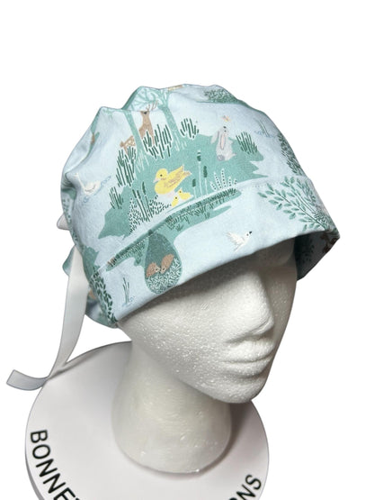 Forest Fable in Seagram ponytail scrub cap, women’s forest print scrub hat with cinch ties and satin lining option