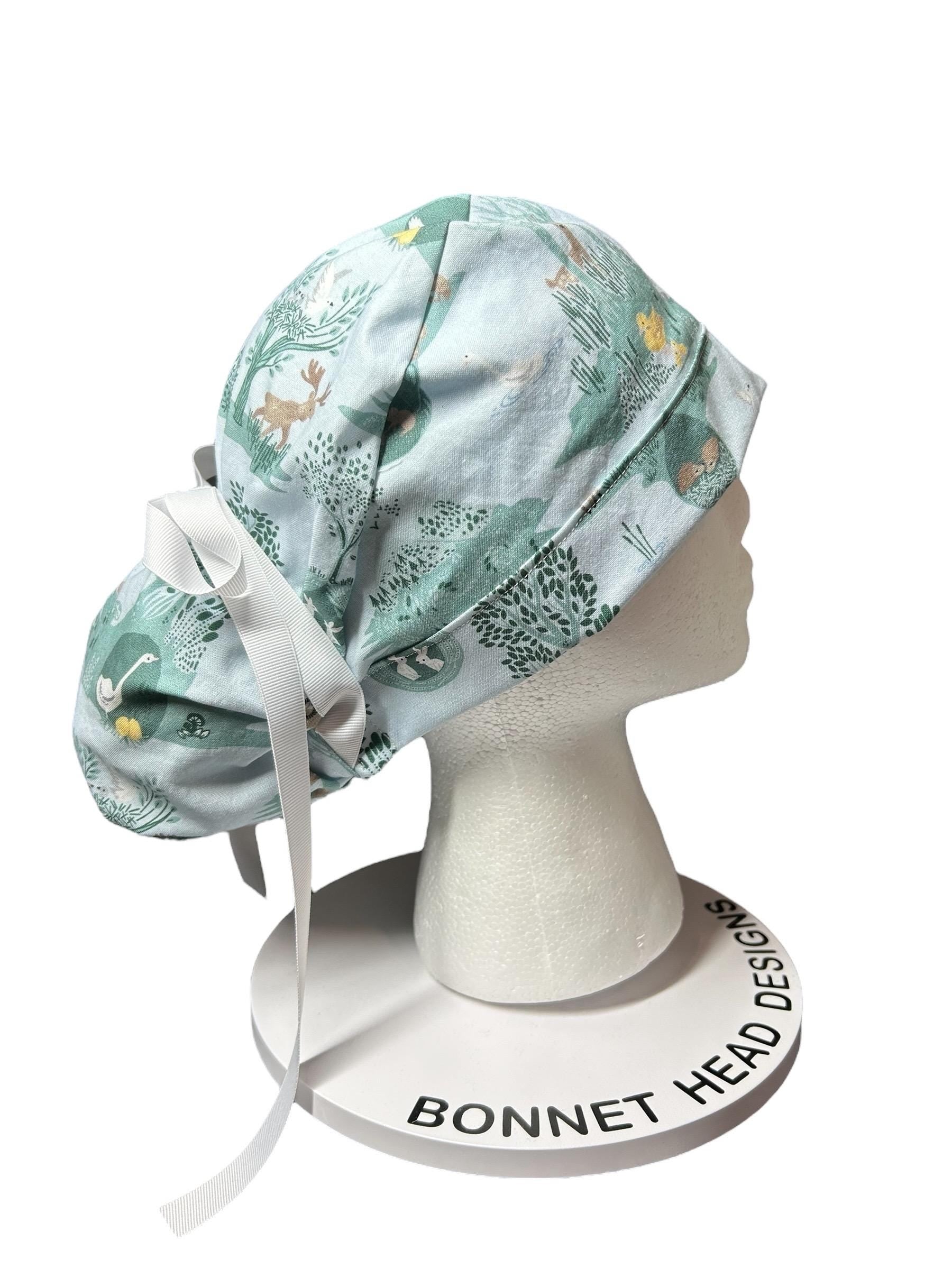 Forest Fable in Seagram ponytail scrub cap, women’s forest print scrub hat with cinch ties and satin lining option