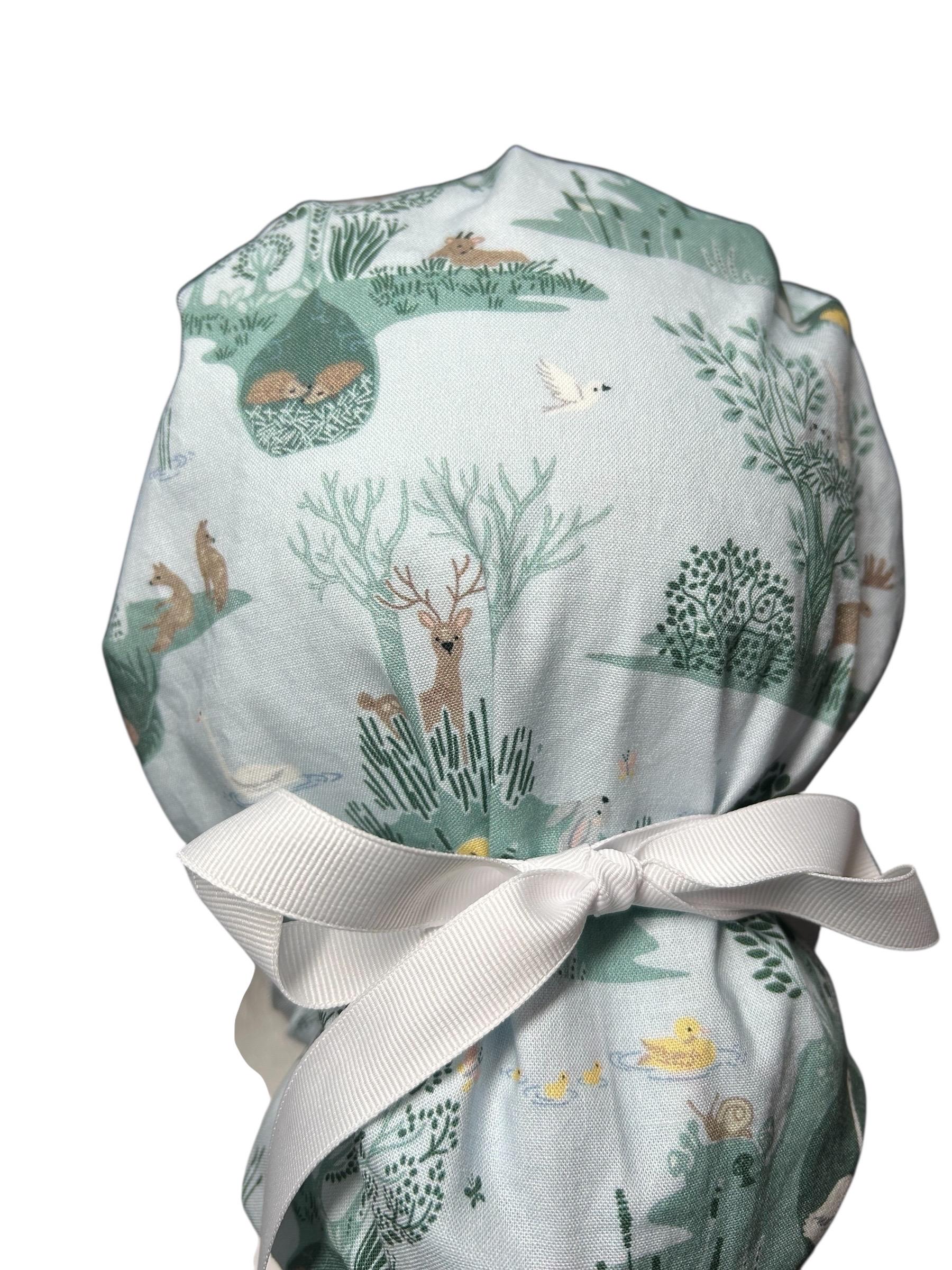 Forest Fable in Seagram ponytail scrub cap, women’s forest print scrub hat with cinch ties and satin lining option