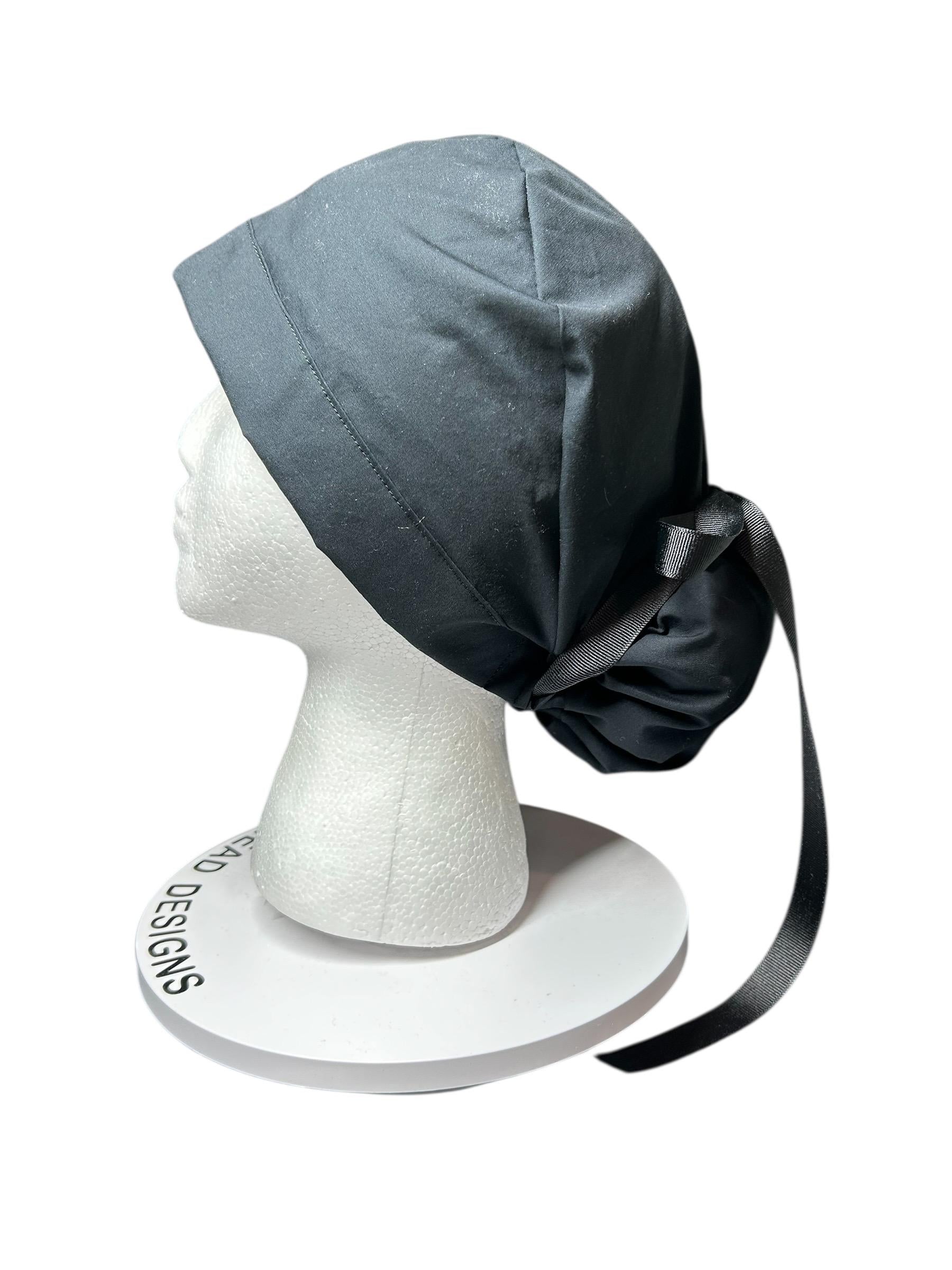 Solid black ponytail scrub hat, women’s black ponytail scrub cap