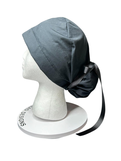 Solid black ponytail scrub hat, women’s black ponytail scrub cap