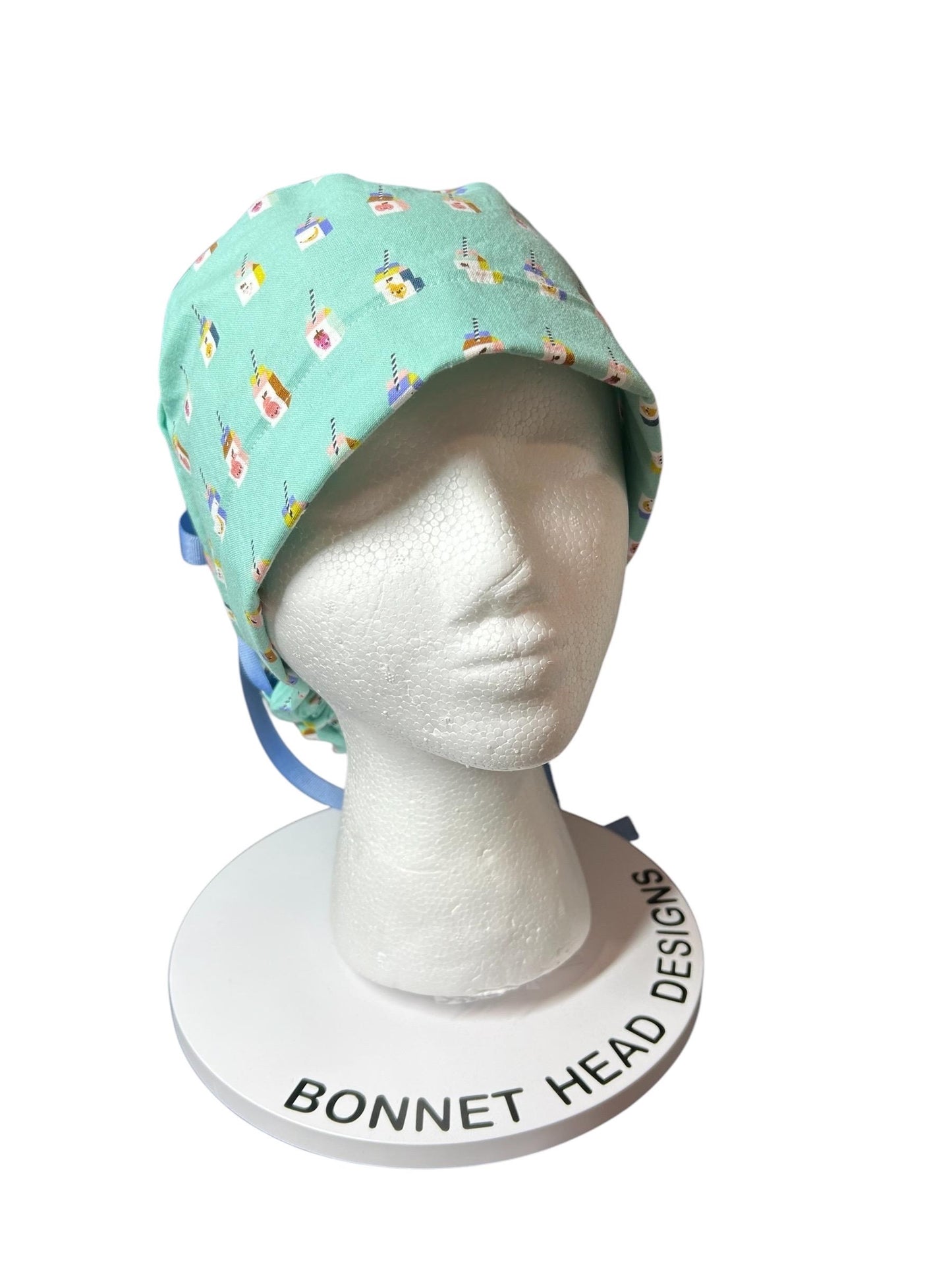 Sunshine smoothies ponytail scrub cap, teal fruit smoothie print ponytail scrub hat with cinch ties