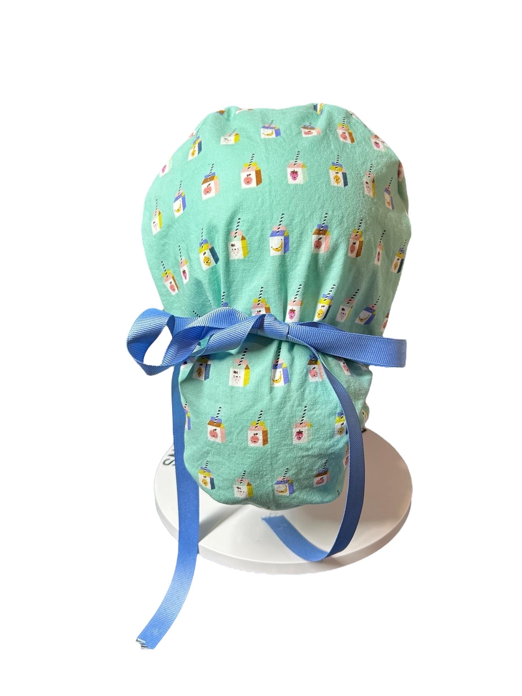 Sunshine smoothies ponytail scrub cap, teal fruit smoothie print ponytail scrub hat with cinch ties