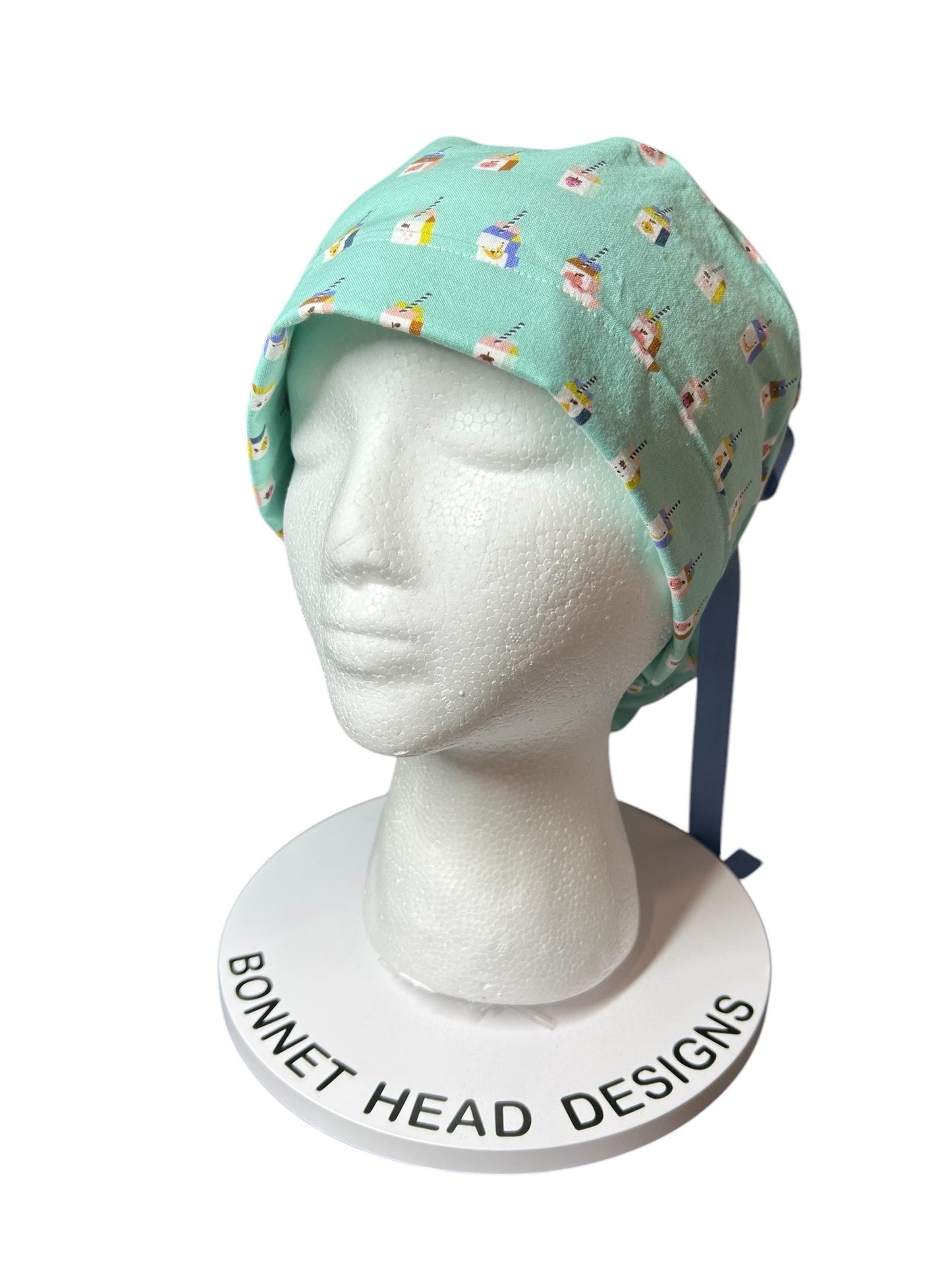Sunshine smoothies ponytail scrub cap, teal fruit smoothie print ponytail scrub hat with cinch ties