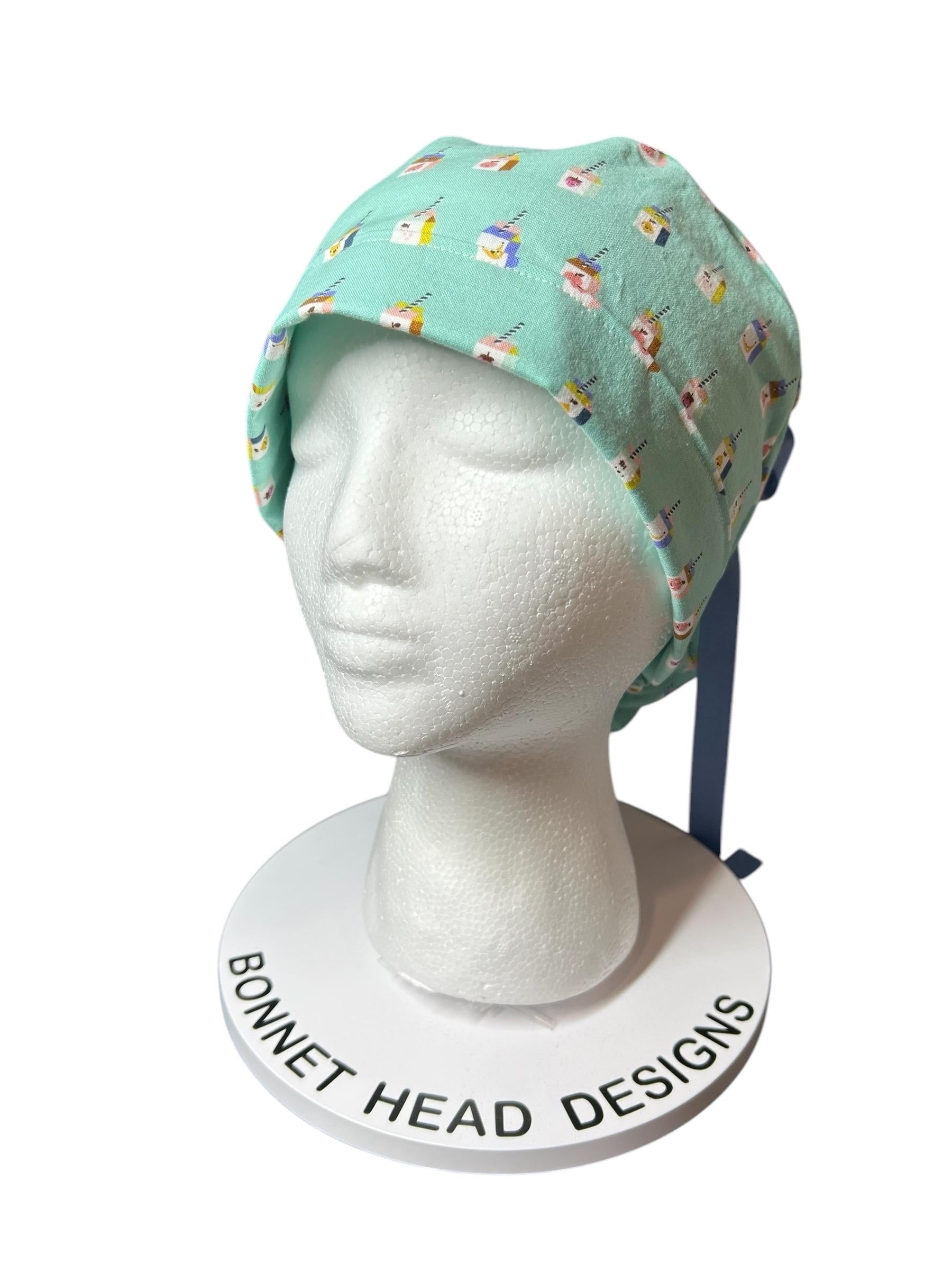 Sunshine smoothies ponytail scrub cap, teal fruit smoothie print ponytail scrub hat with cinch ties