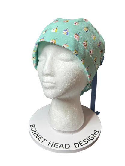 Sunshine smoothies ponytail scrub cap, teal fruit smoothie print ponytail scrub hat with cinch ties