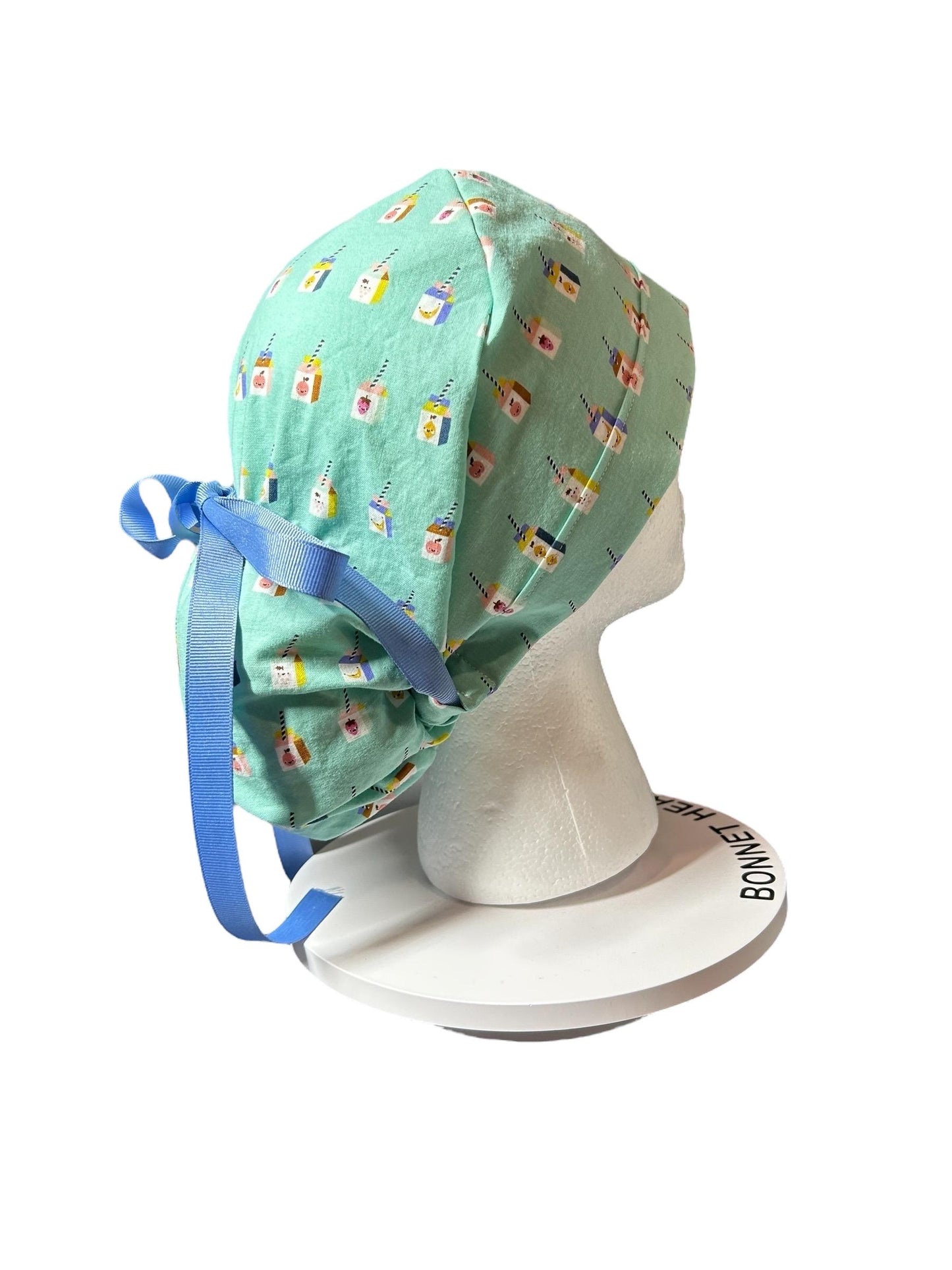 Sunshine smoothies ponytail scrub cap, teal fruit smoothie print ponytail scrub hat with cinch ties