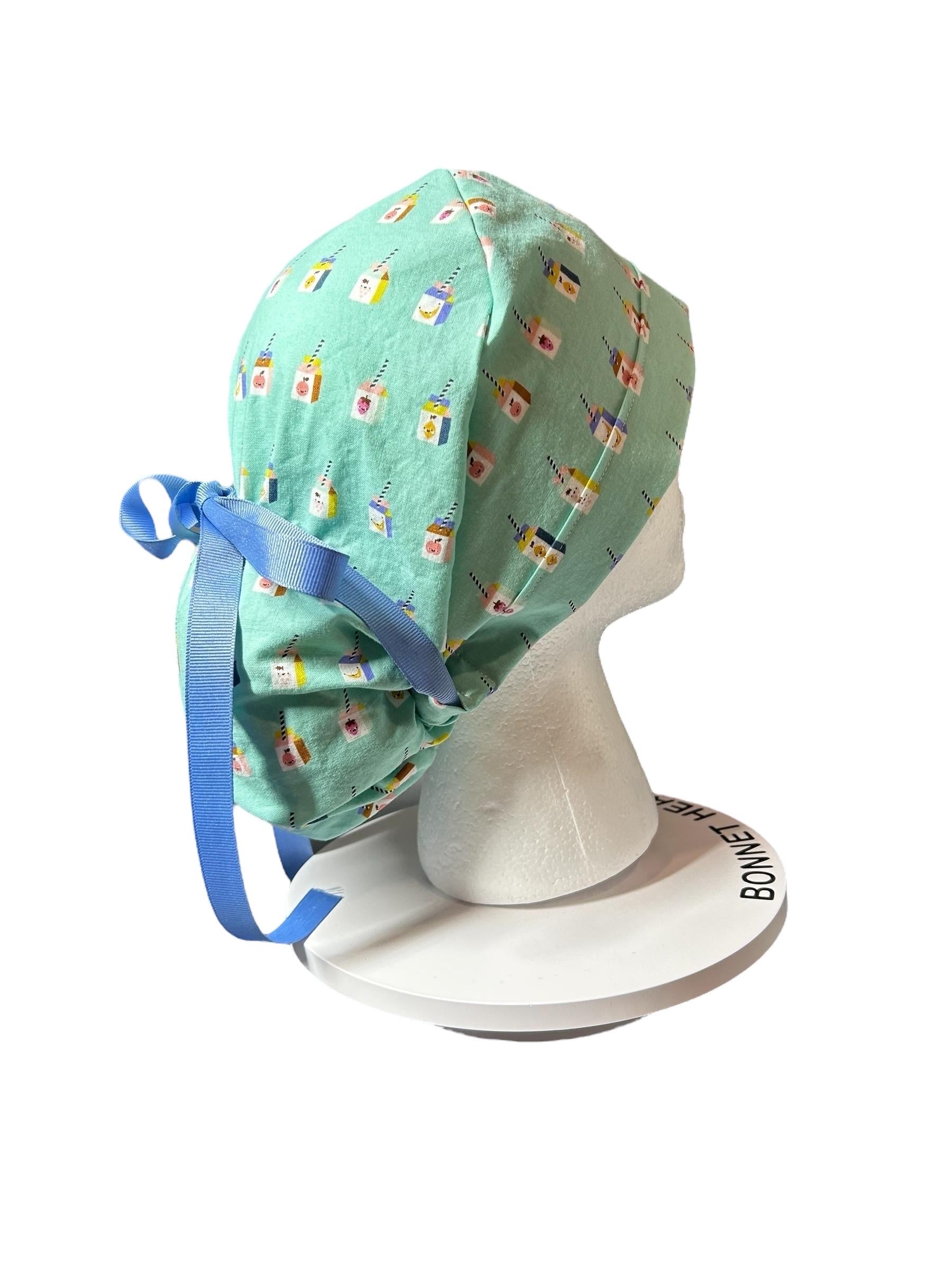 Sunshine smoothies ponytail scrub cap, teal fruit smoothie print ponytail scrub hat with cinch ties
