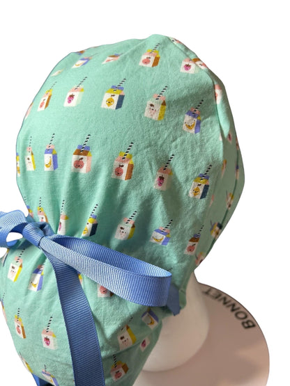 Sunshine smoothies ponytail scrub cap, teal fruit smoothie print ponytail scrub hat with cinch ties