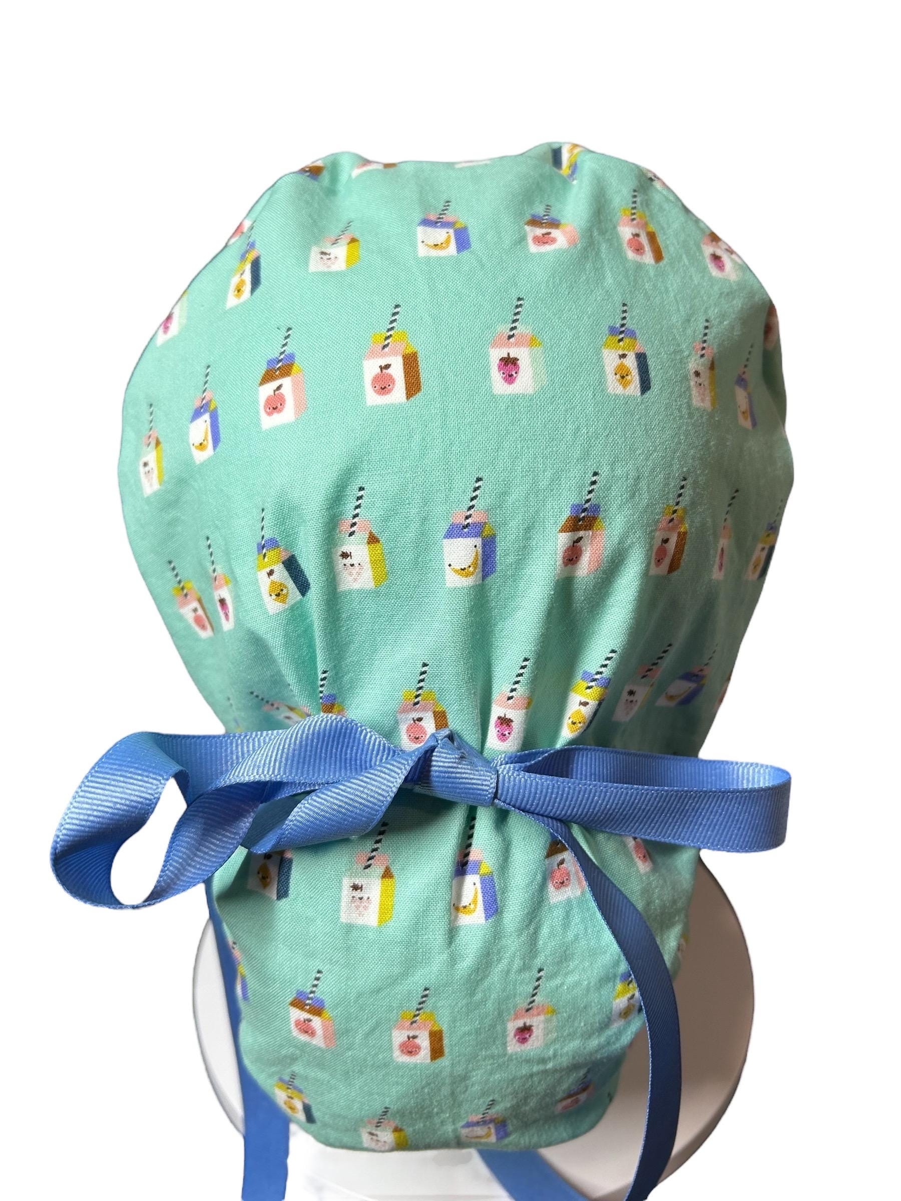 Sunshine smoothies ponytail scrub cap, teal fruit smoothie print ponytail scrub hat with cinch ties