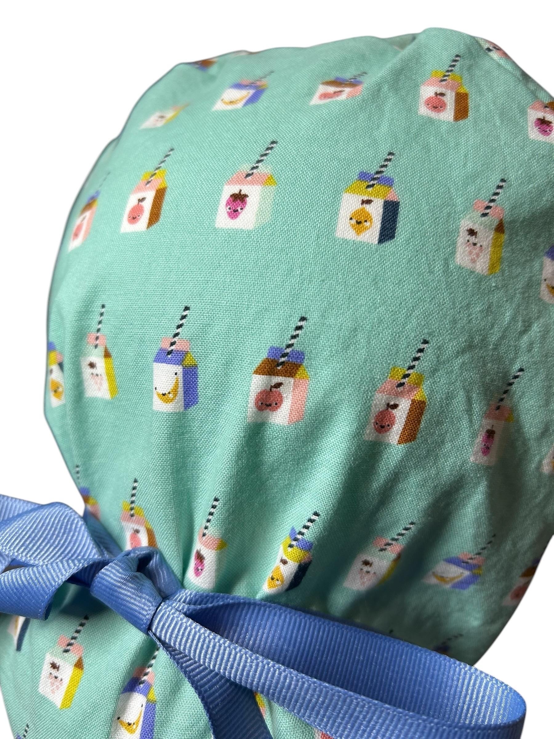 Sunshine smoothies ponytail scrub cap, teal fruit smoothie print ponytail scrub hat with cinch ties