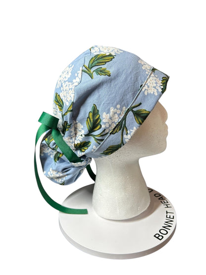 Rifle Paper co blue and white hydrangea ponytail scrub cap, women’s spring hydrangeas floral scrub cap