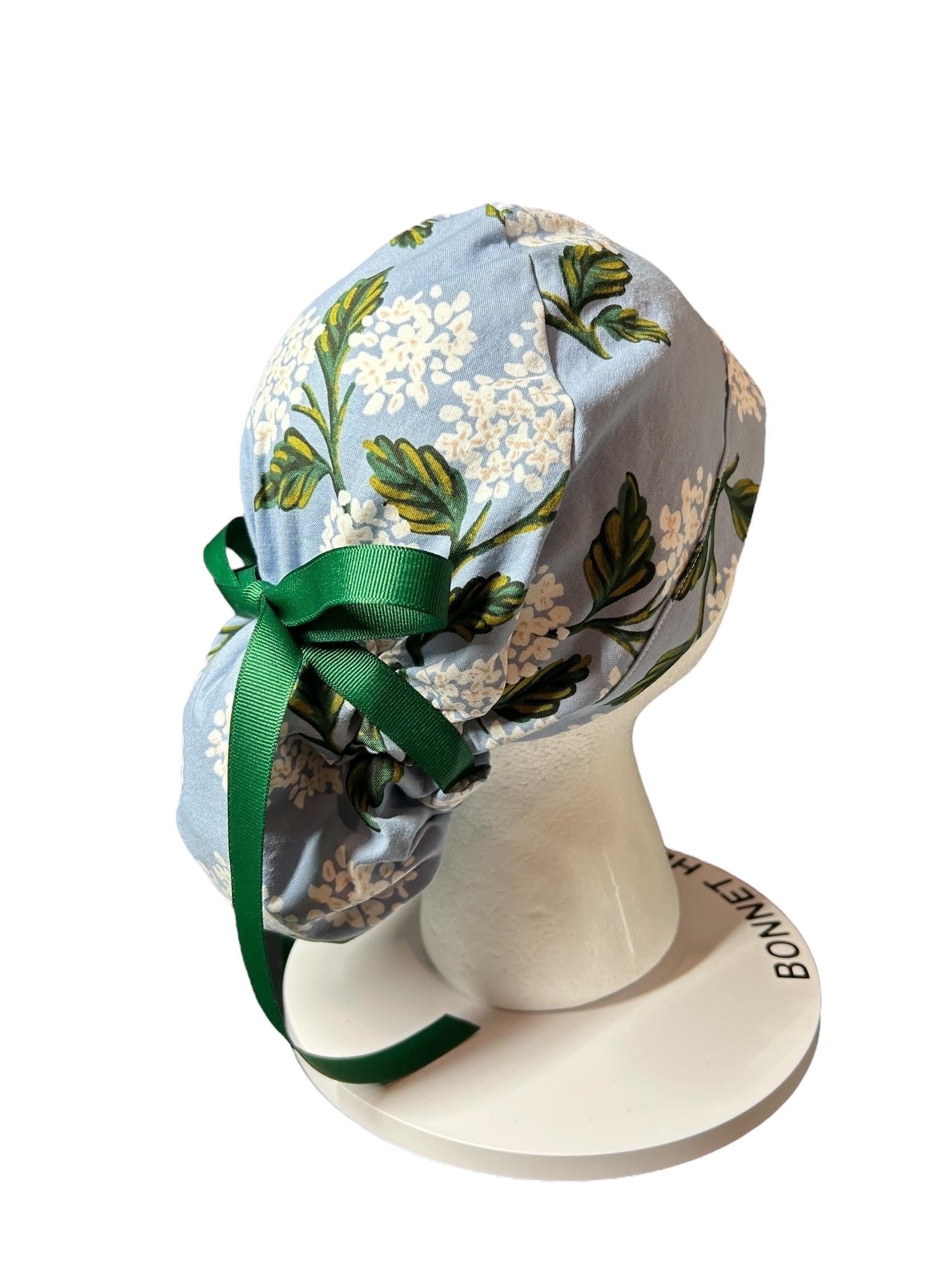 Rifle Paper co blue and white hydrangea ponytail scrub cap, women’s spring hydrangeas floral scrub cap
