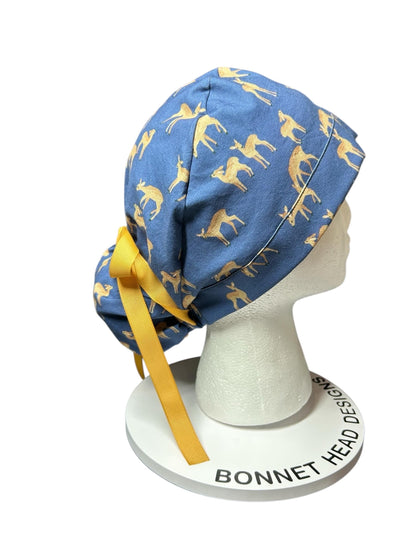 Forest Fable Fawn ponytail scrub cap, women’s navy deer print scrub hat with cinch ties and satin lining option