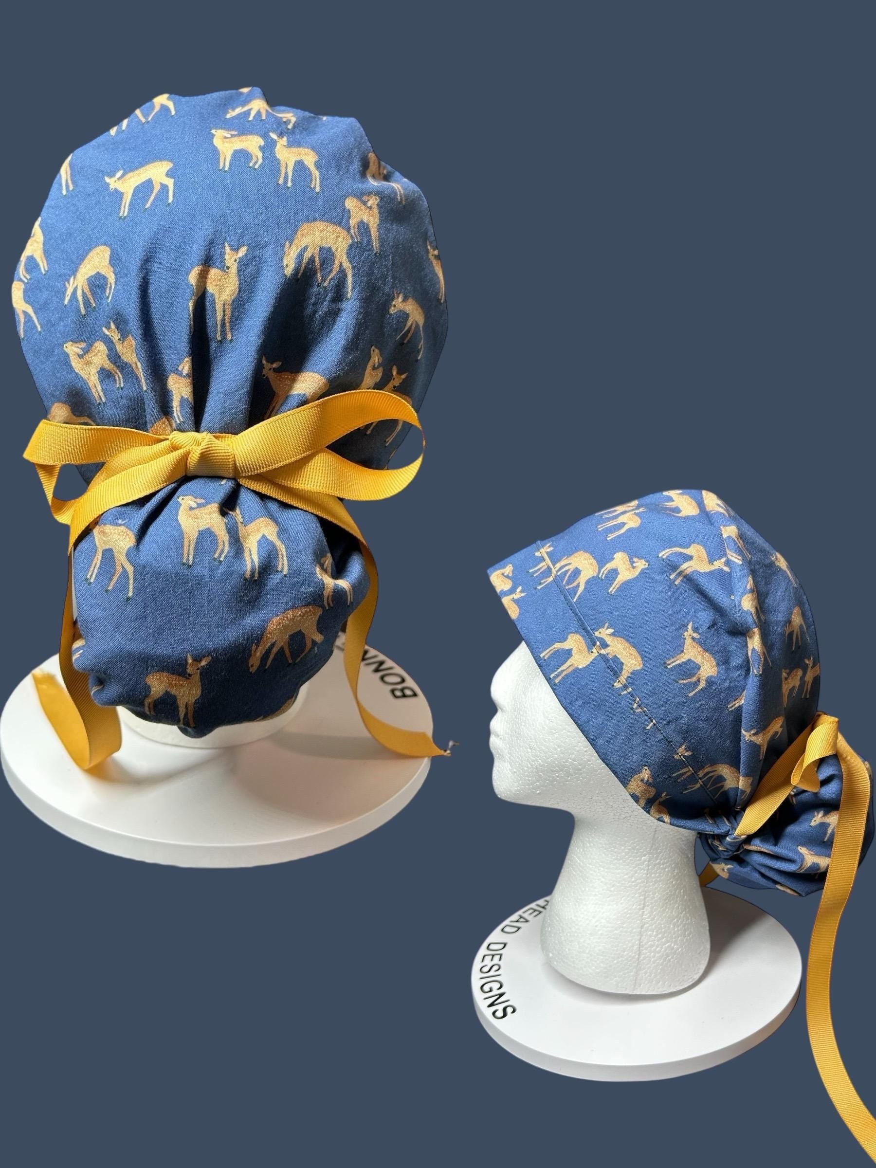 Forest Fable Fawn ponytail scrub cap, women’s navy deer print scrub hat with cinch ties and satin lining option
