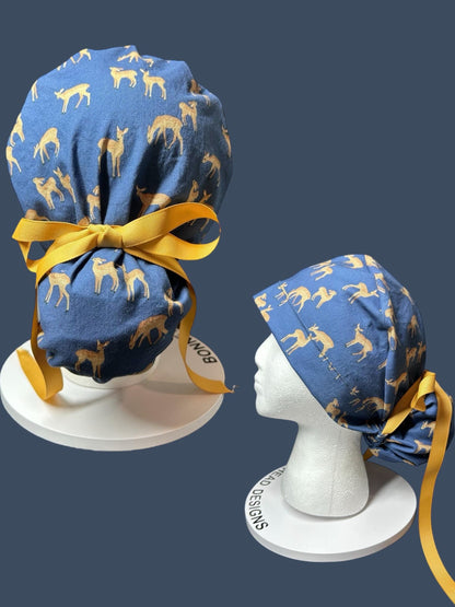Forest Fable Fawn ponytail scrub cap, women’s navy deer print scrub hat with cinch ties and satin lining option