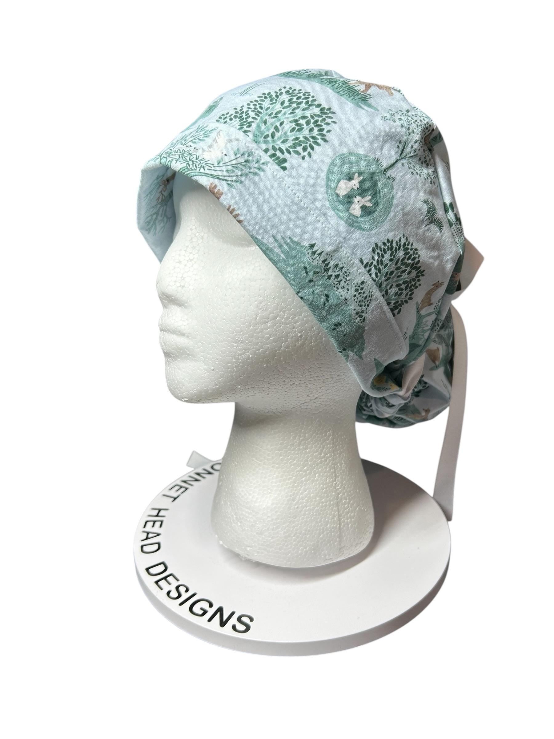 Forest Fable in Seagram ponytail scrub cap, women’s forest print scrub hat with cinch ties and satin lining option