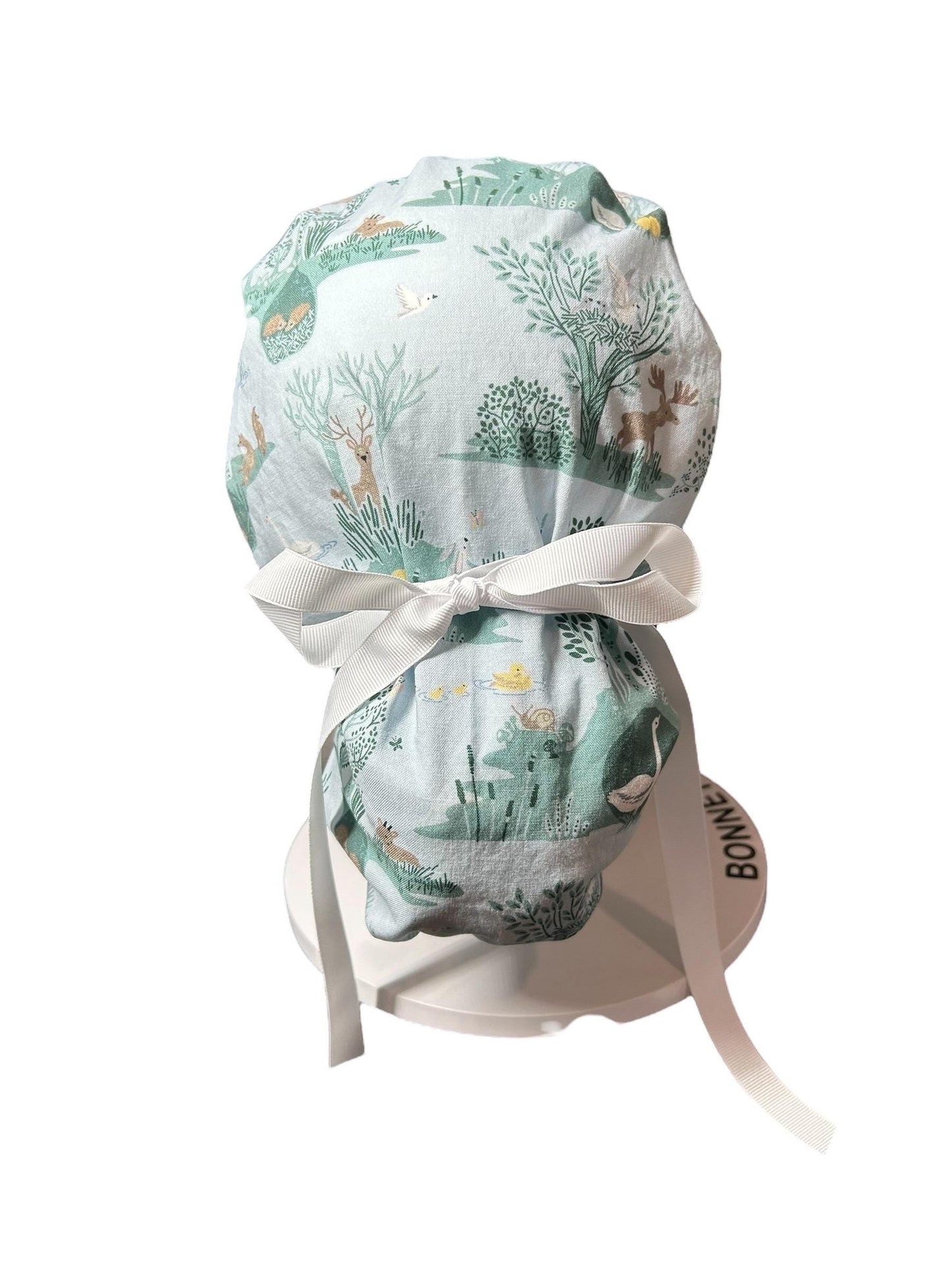 Forest Fable in Seagram ponytail scrub cap, women’s forest print scrub hat with cinch ties and satin lining option