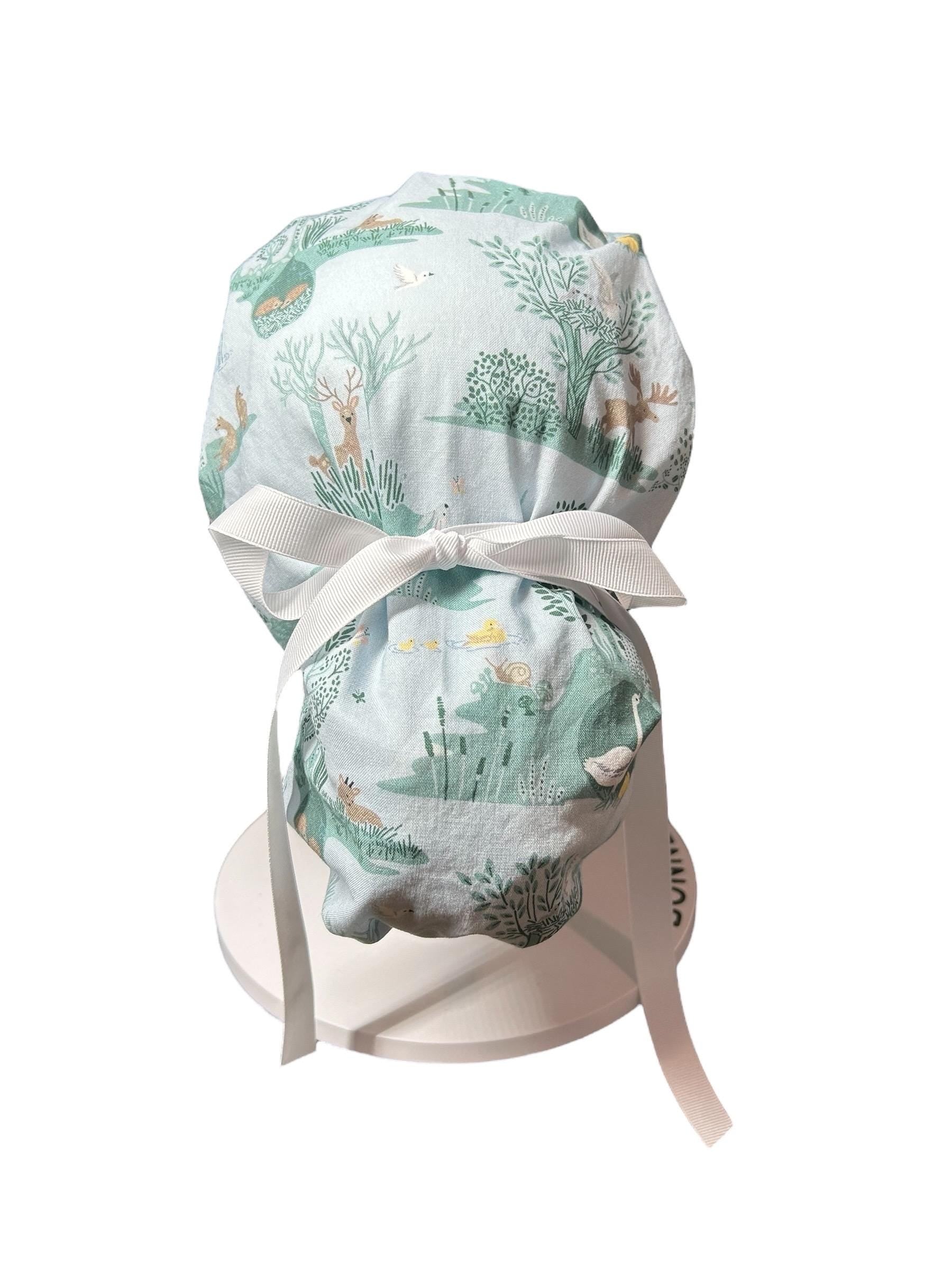 Forest Fable in Seagram ponytail scrub cap, women’s forest print scrub hat with cinch ties and satin lining option