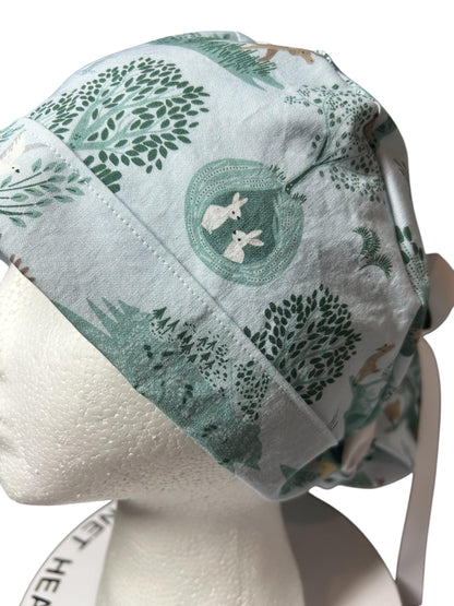 Forest Fable in Seagram ponytail scrub cap, women’s forest print scrub hat with cinch ties and satin lining option