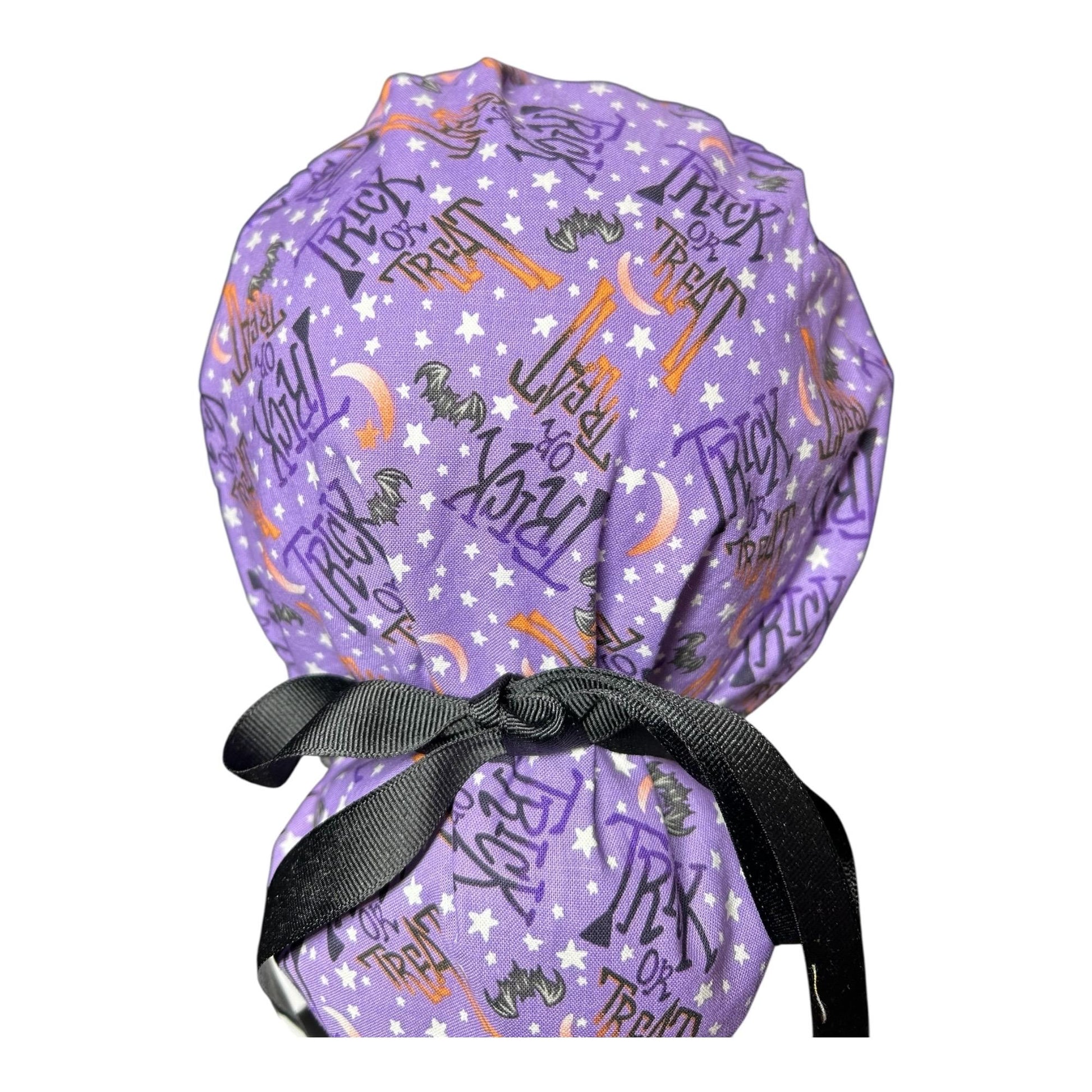 Ponytail Scrub Cap: Women's Halloween nurse hat, purple trick or treat fabric
