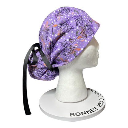 Ponytail Scrub Cap: Women's Halloween nurse hat, purple trick or treat fabric