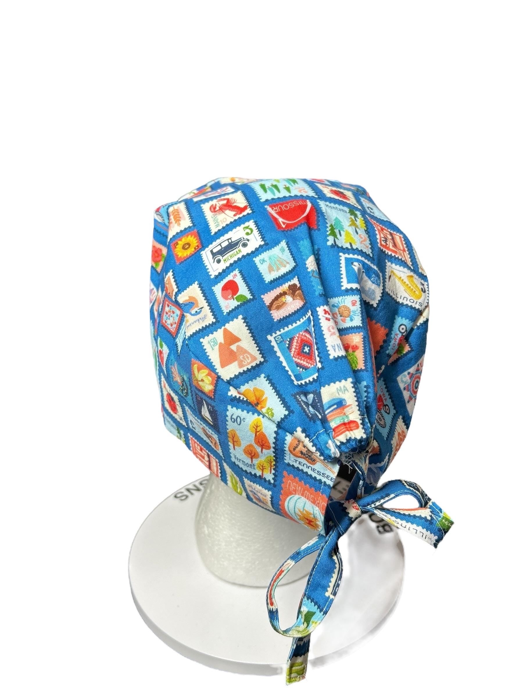 Blue Stamp Print Scrub Hat: Men's Surgical Cap
