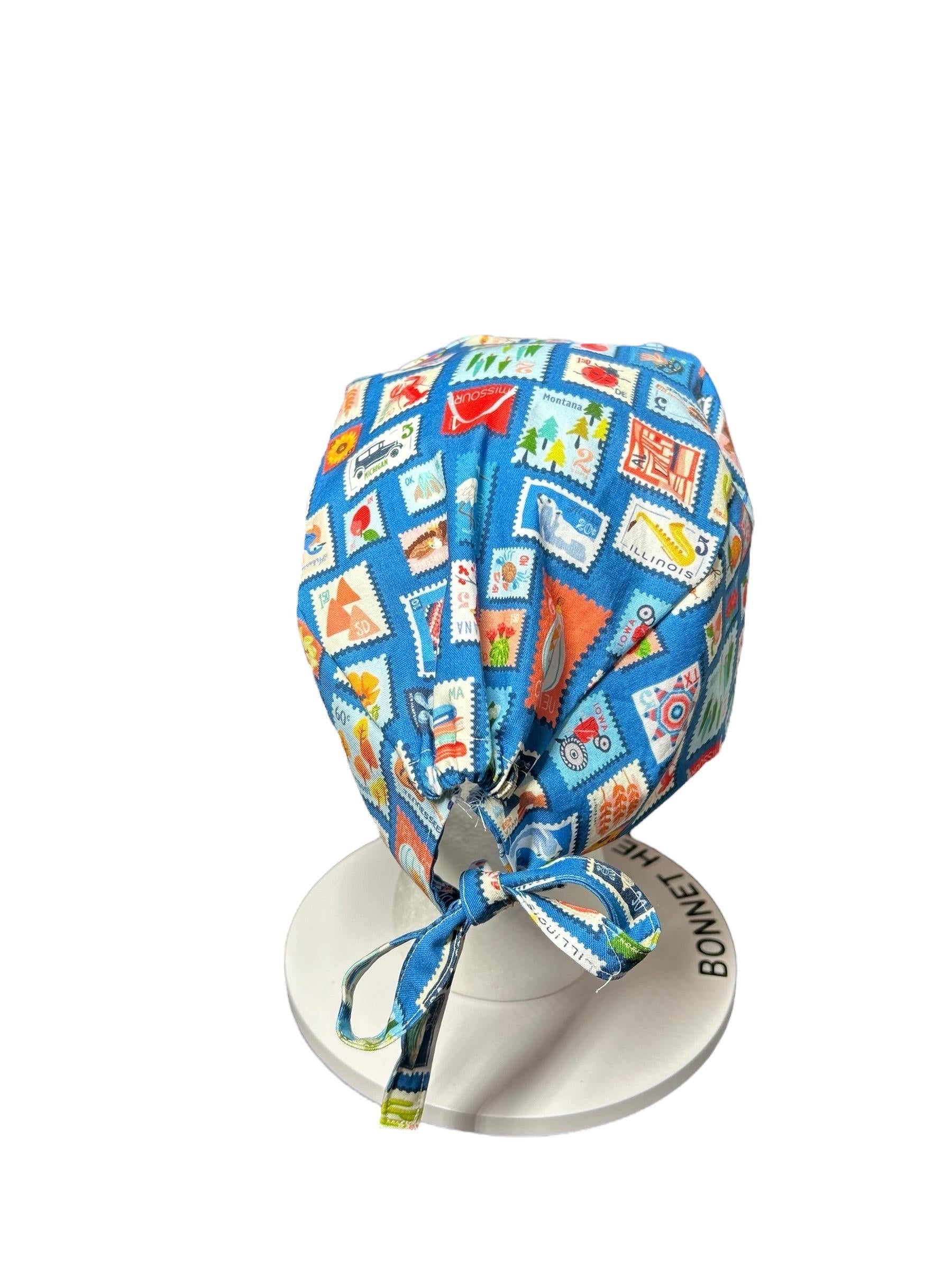 Blue Stamp Print Scrub Hat: Men's Surgical Cap