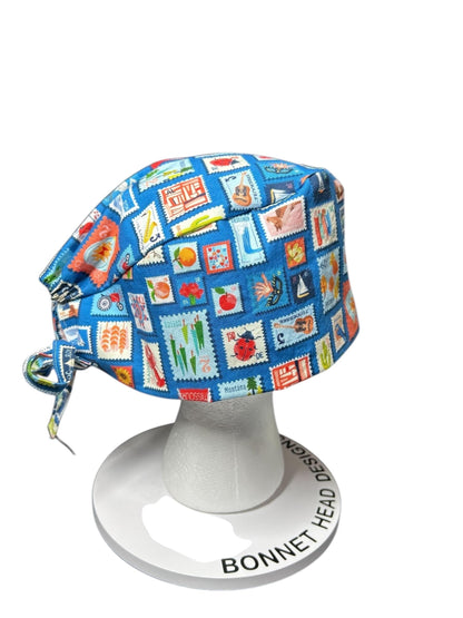 Blue Stamp Print Scrub Hat: Men's Surgical Cap