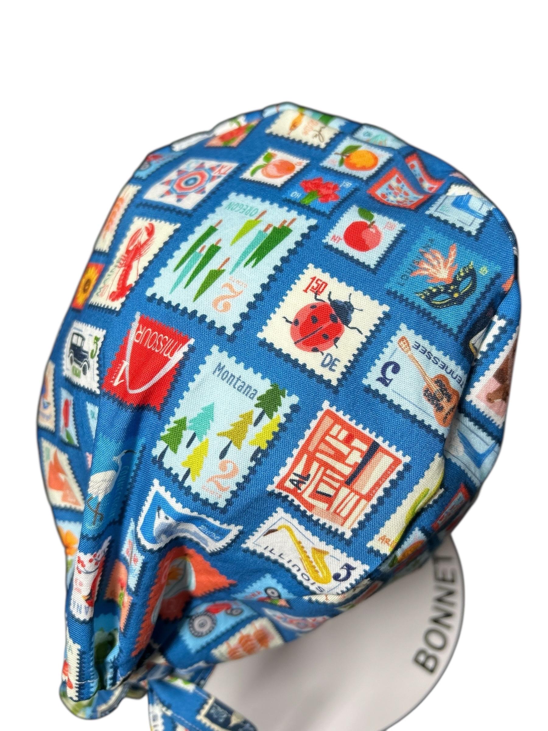 Blue Stamp Print Scrub Hat: Men's Surgical Cap
