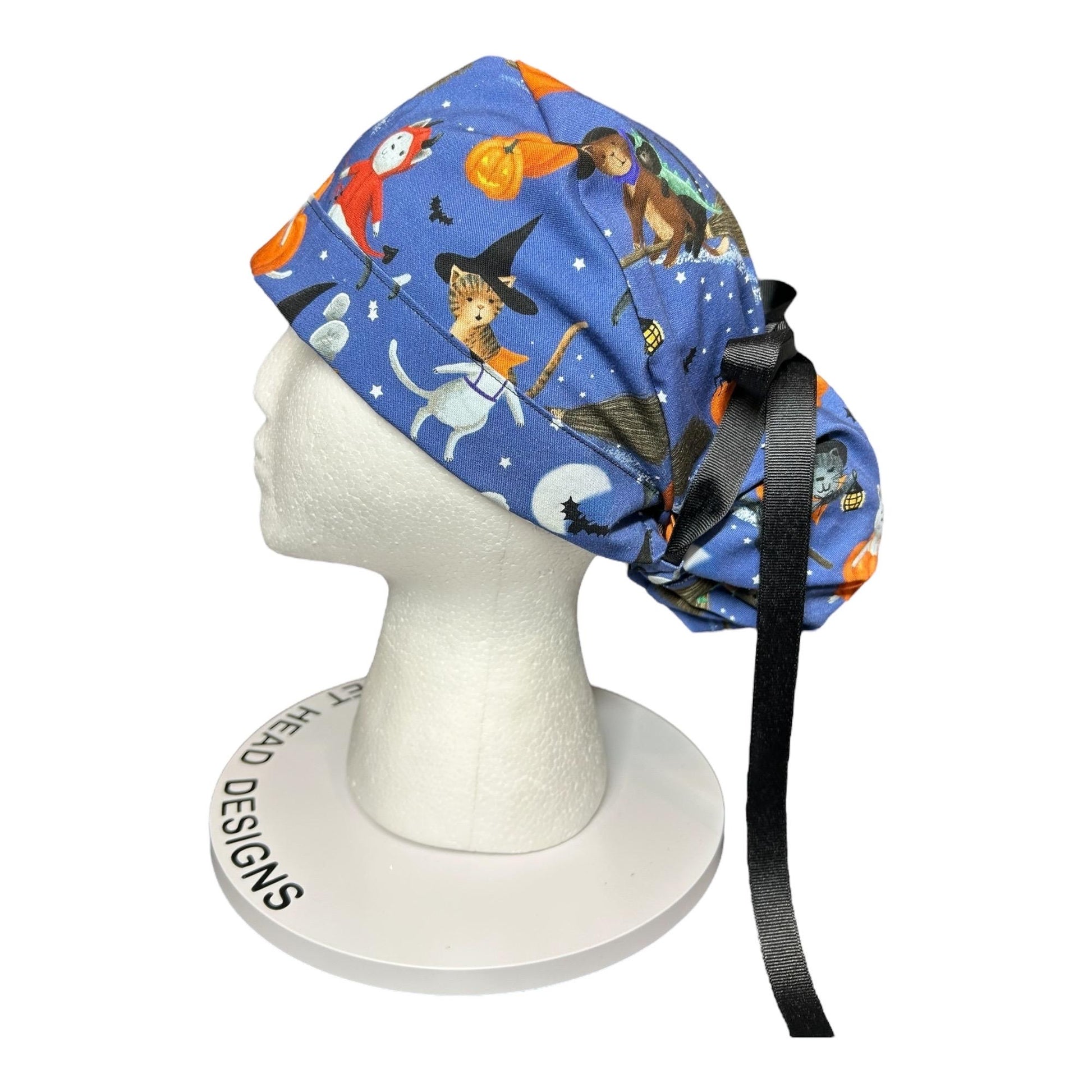 Purranormal Halloween Cat Ponytail Scrub Cap: Women's Cinch Tie Hat