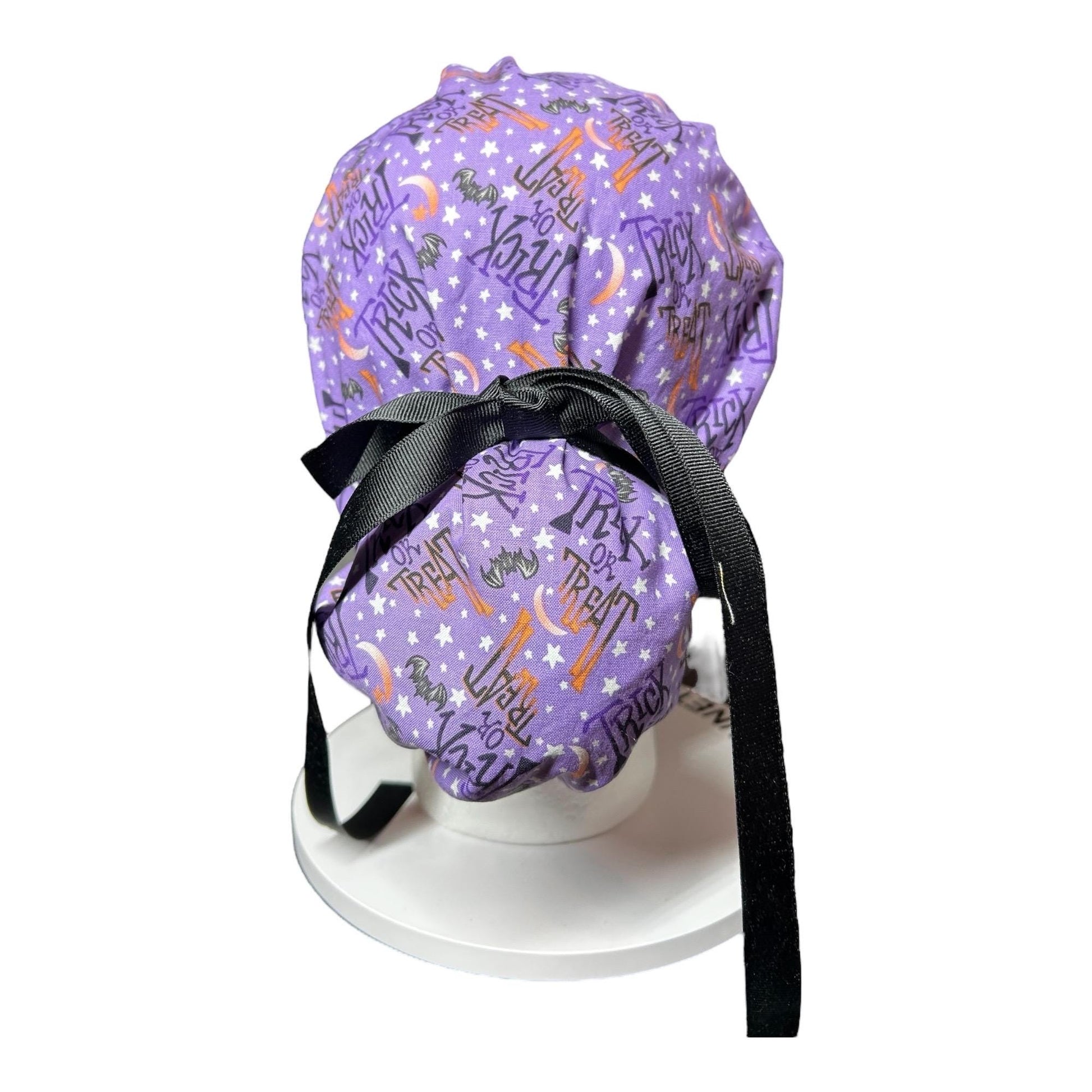 Ponytail Scrub Cap: Women's Halloween nurse hat, purple trick or treat fabric