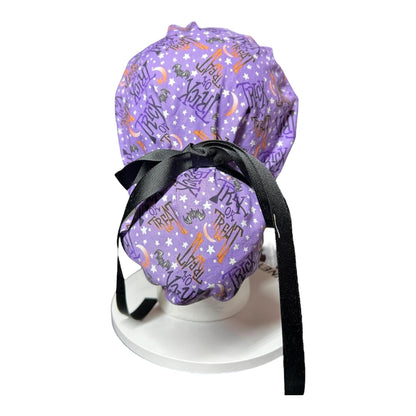 Ponytail Scrub Cap: Women's Halloween nurse hat, purple trick or treat fabric