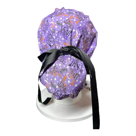Ponytail Scrub Cap: Women's Halloween nurse hat, purple trick or treat fabric