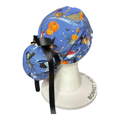 Purranormal Halloween Cat Ponytail Scrub Cap: Women's Cinch Tie Hat