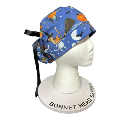 Purranormal Halloween Cat Ponytail Scrub Cap: Women's Cinch Tie Hat