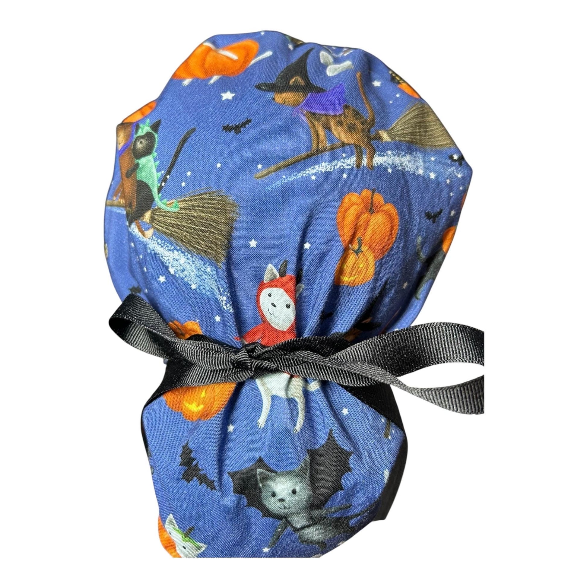 Purranormal Halloween Cat Ponytail Scrub Cap: Women's Cinch Tie Hat
