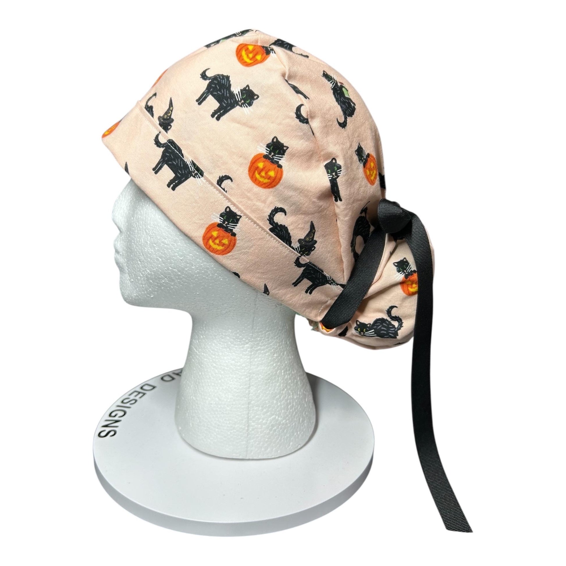 Ponytail Scrub Hat: Rifle Paper Co. Peach Black Cat Halloween Surgical Cap