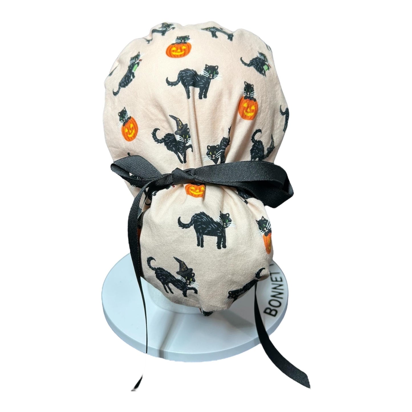 Ponytail Scrub Hat: Rifle Paper Co. Peach Black Cat Halloween Surgical Cap