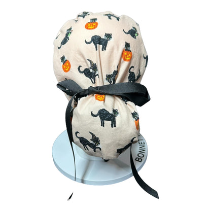 Ponytail Scrub Hat: Rifle Paper Co. Peach Black Cat Halloween Surgical Cap