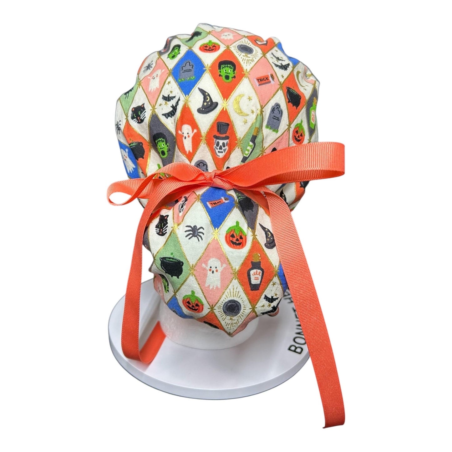 Rifle Paper Co. Halloween Argyle Print Scrub Cap: Ponytail Style with Ribbon Ties