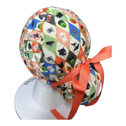 Rifle Paper Co. Halloween Argyle Print Scrub Cap: Ponytail Style with Ribbon Ties