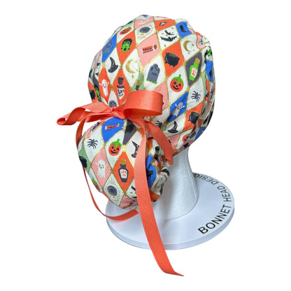 Rifle Paper Co. Halloween Argyle Print Scrub Cap: Ponytail Style with Ribbon Ties