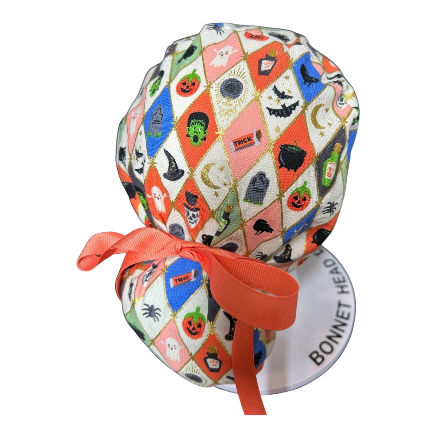 Rifle Paper Co. Halloween Argyle Print Scrub Cap: Ponytail Style with Ribbon Ties