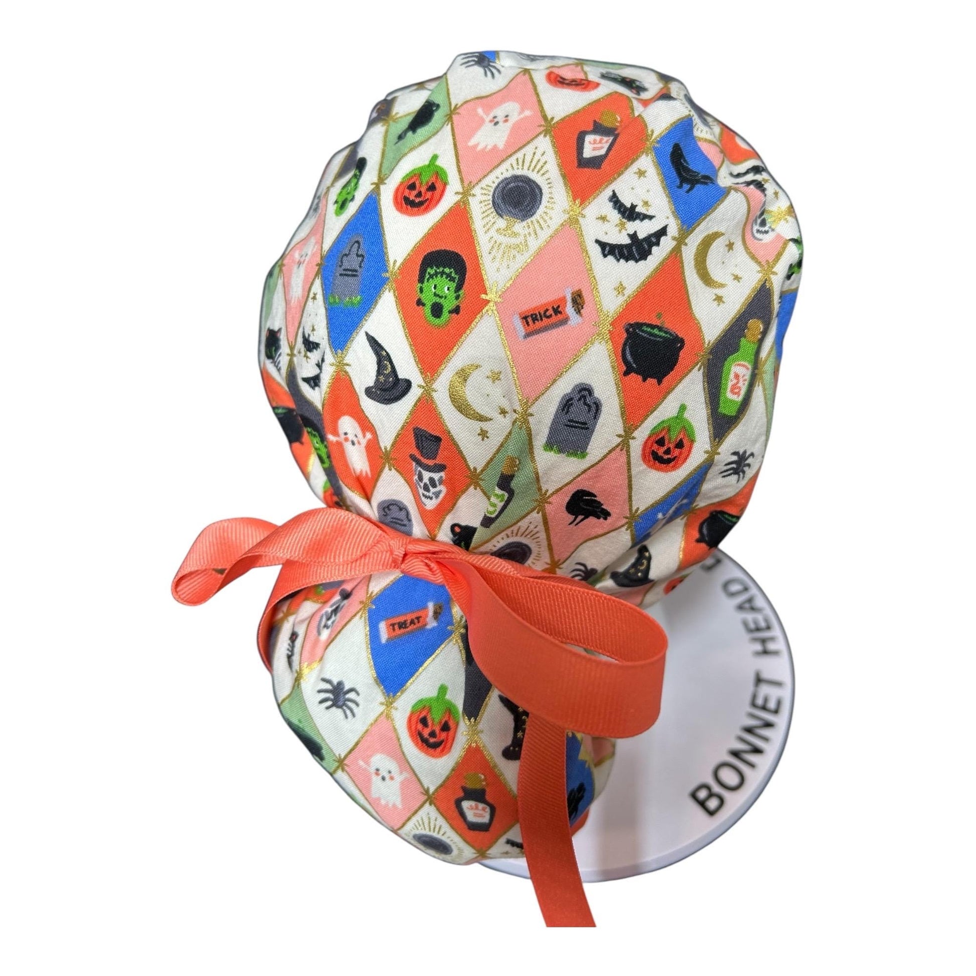 Rifle Paper Co. Halloween Argyle Print Scrub Cap: Ponytail Style with Ribbon Ties