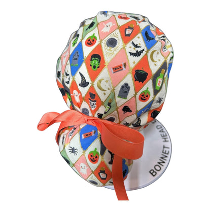 Rifle Paper Co. Halloween Argyle Print Scrub Cap: Ponytail Style with Ribbon Ties