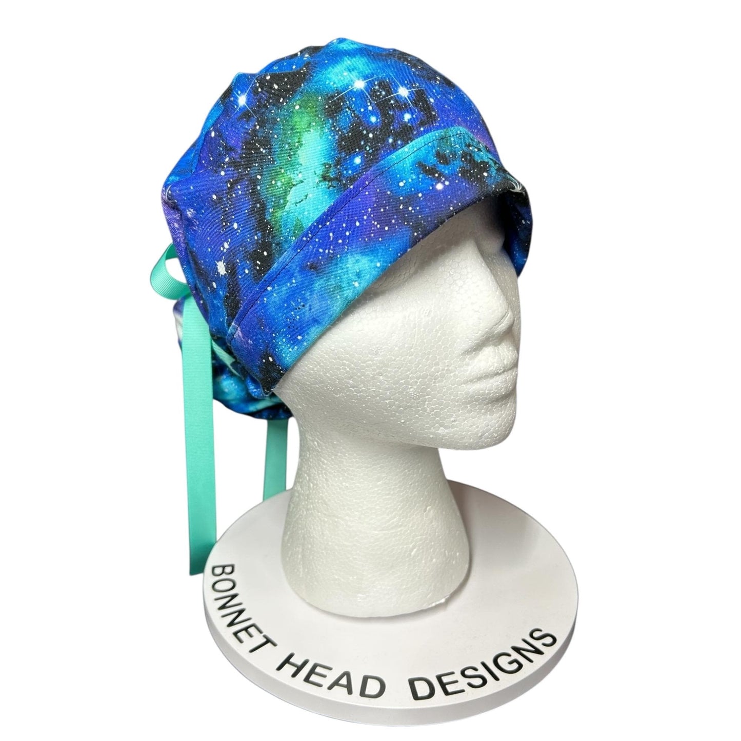Galaxy Space Print Scrub Cap with Ponytail Pouch, Handmade Cotton