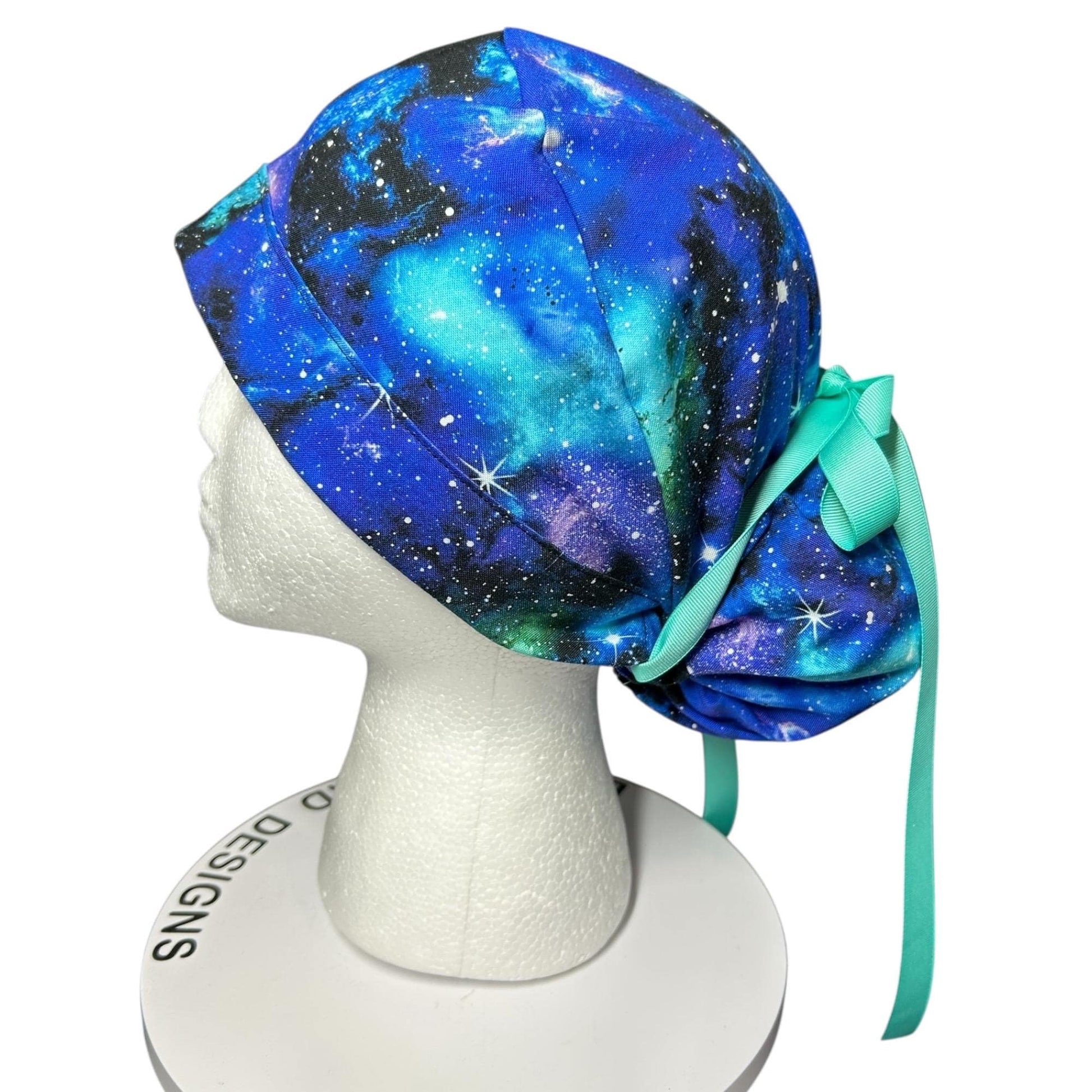 Galaxy Space Print Scrub Cap with Ponytail Pouch, Handmade Cotton