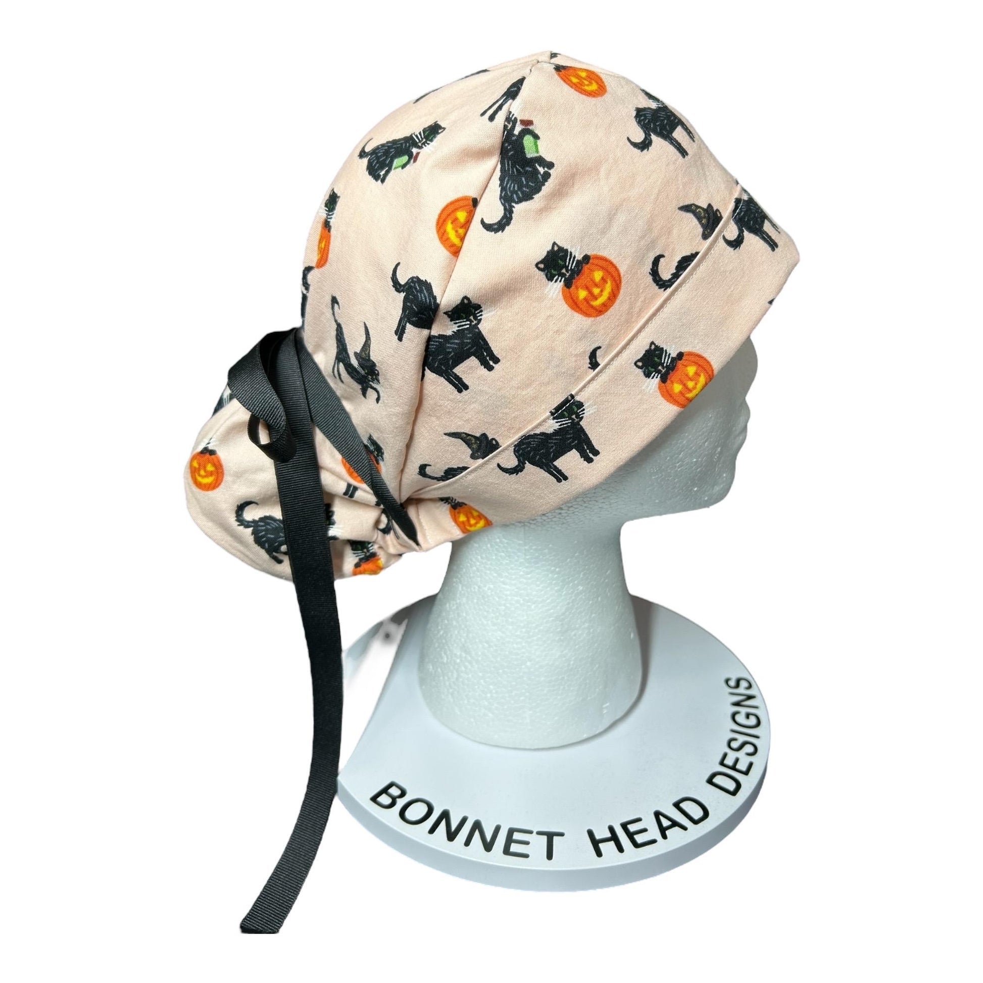 Ponytail Scrub Hat: Rifle Paper Co. Peach Black Cat Halloween Surgical Cap