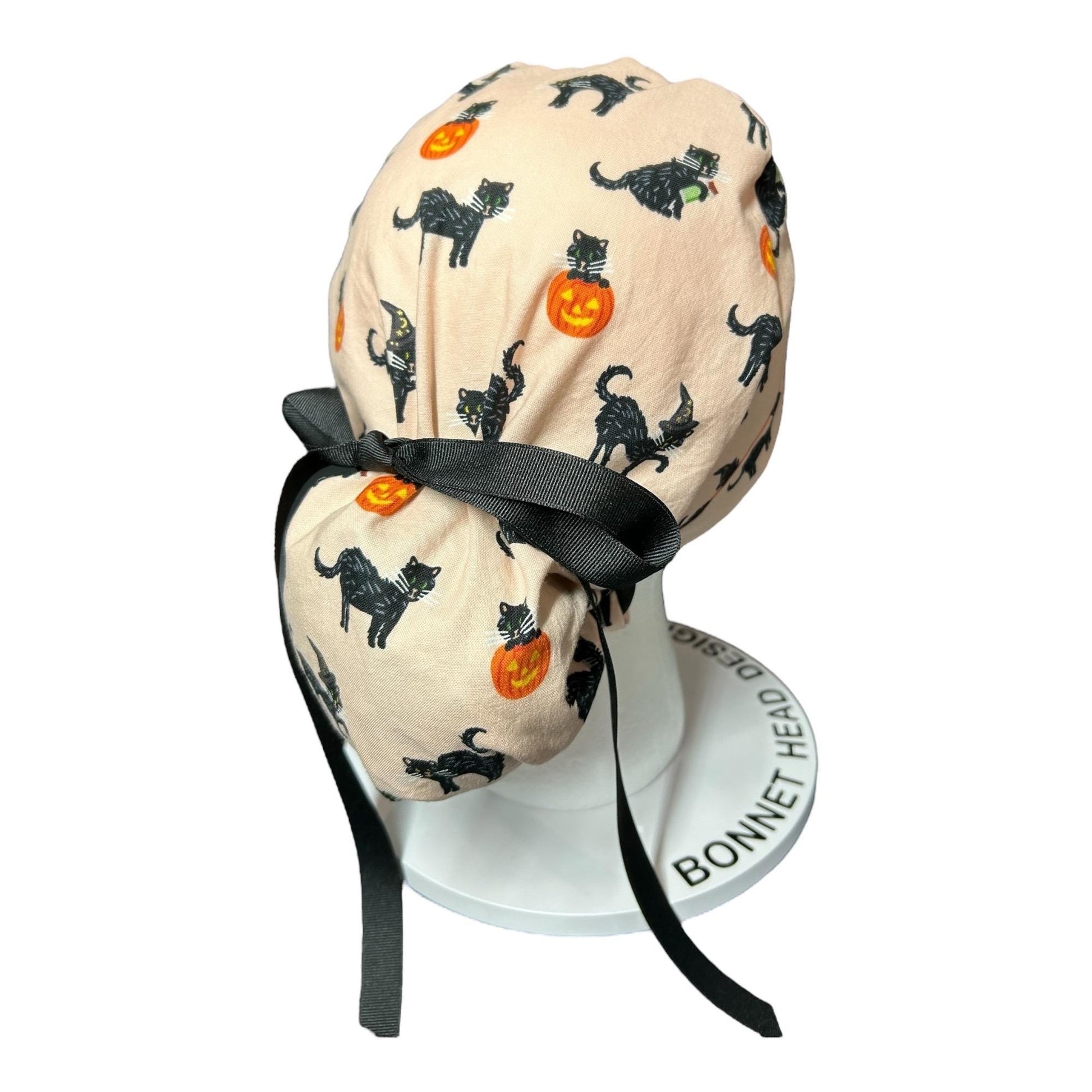 Ponytail Scrub Hat: Rifle Paper Co. Peach Black Cat Halloween Surgical Cap